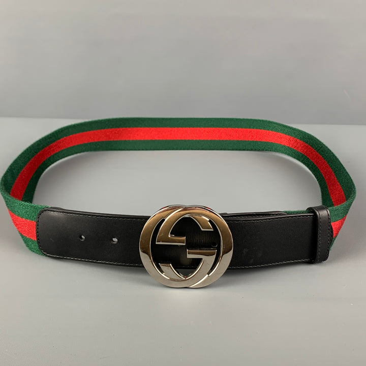 GUCCI Size 40 Green Red Stripe Fabric Leather GG Belt