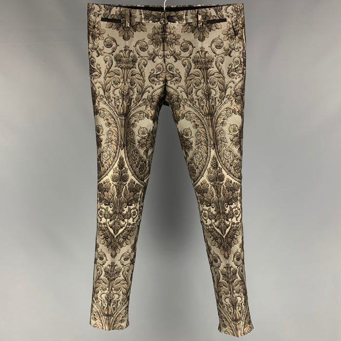 DOLCE & GABBANA Talla 32 Pantalón de vestir de poliéster / seda jacquard gris topo y plateado