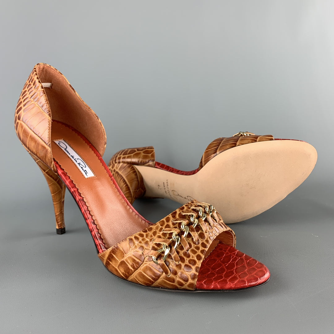 OSCAR DE LA RENTA Size 10 Brown Alligator Embossed Leather Chain Strap D'orsay Pumps