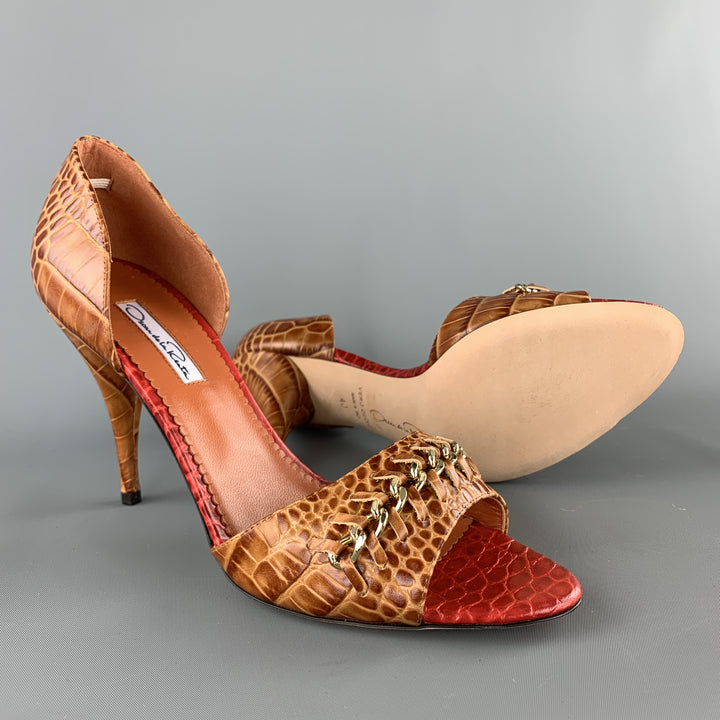 OSCAR DE LA RENTA Size 10 Brown Alligator Embossed Leather Chain Strap D'orsay Pumps