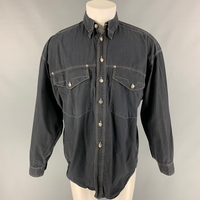 Vintage VERSACE JEANS COUTURE Size M Black Contrast Stitch Cotton Long Sleeve Shirt