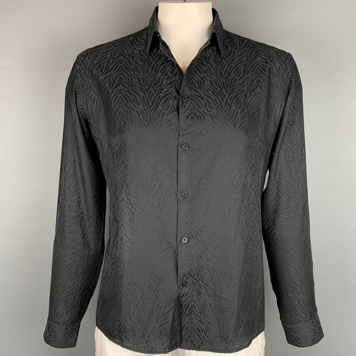 ROBERTO CAVALLI Size L Black Two Toned Cotton / Silk Long Sleeve Shirt