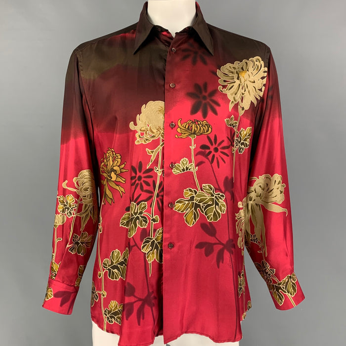 Vintage GUCCI by Tom Ford 2001 Size L Red Floral Silk Button Up Long Sleeve Shirt
