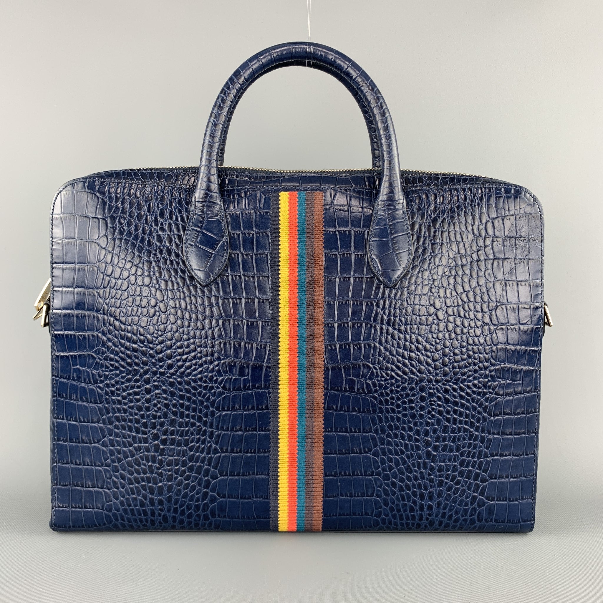 PAUL SMITH Navy Crocodile Embossed Leather Laptop Case Briefcase