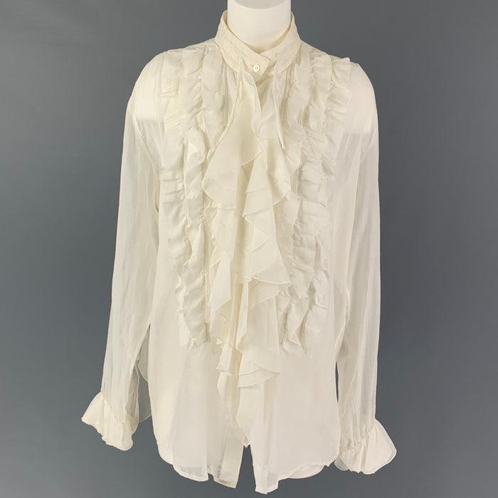 DRIES VAN NOTEN Size 8 White Cotton Silk Ruffled Nehru Collar Blouse