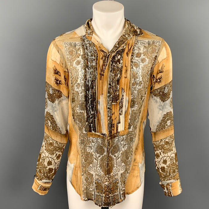 Vintage JEAN PAUL GAULTIER FEMME Size M Tan & Beige Print Silk Pleated Shirt