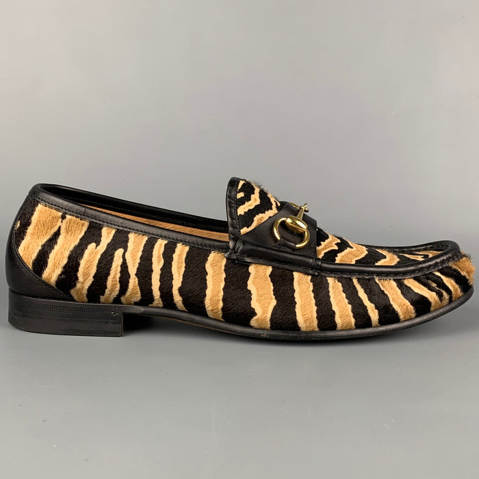 GUCCI Size 9 Black & Beige Zebra Calf Hair Slip On Horsebit Loafers