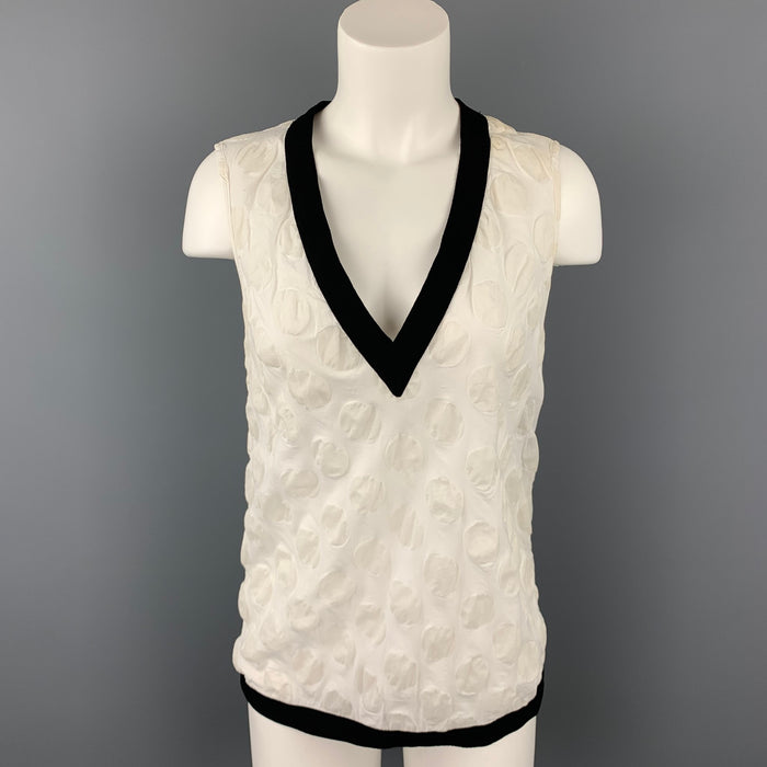 MARNI Size 2 White Dot Print Cotton Blend V-Neck Blouse