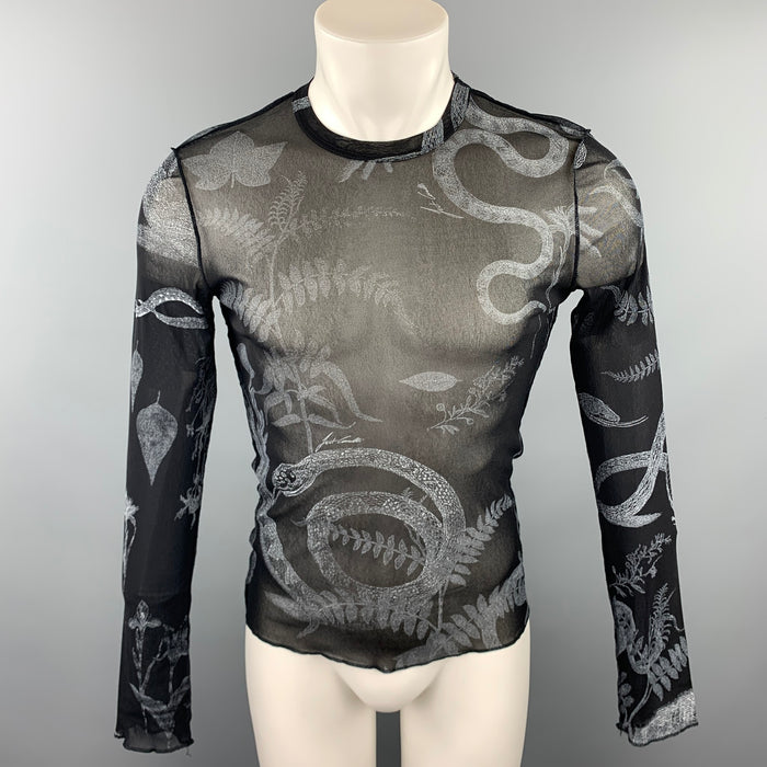 JUST CAVALLI Size S Black & White Print Polyamide Crew-Neck Pullover