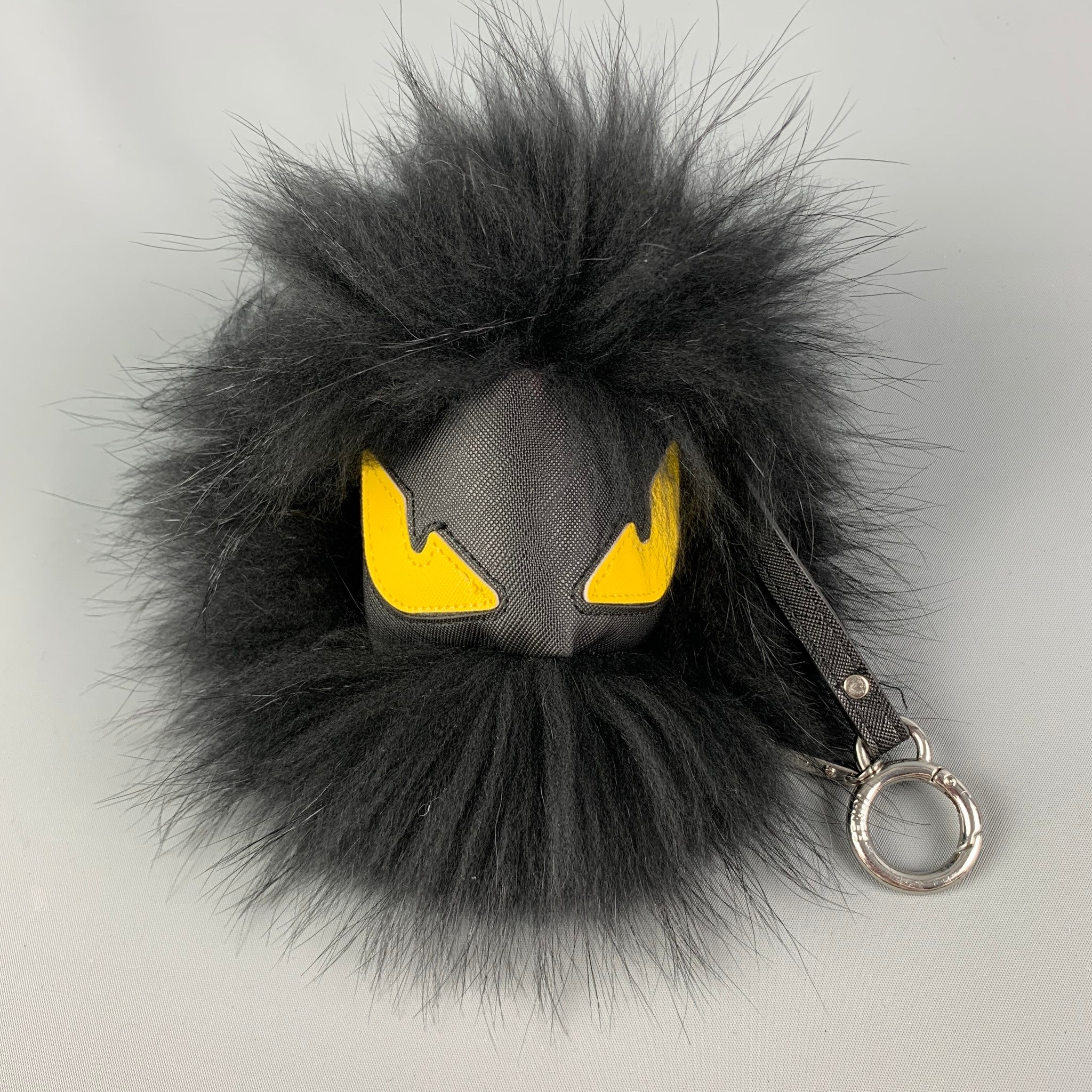 FENDI Black Yellow Leather Fox Fur Bag Bug Charm Keyring – Sui