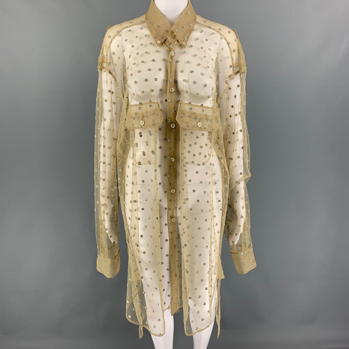 MAISON MARTIN MARGIELA Size 2 Khaki Silver Mesh Dots Oversized Shirt