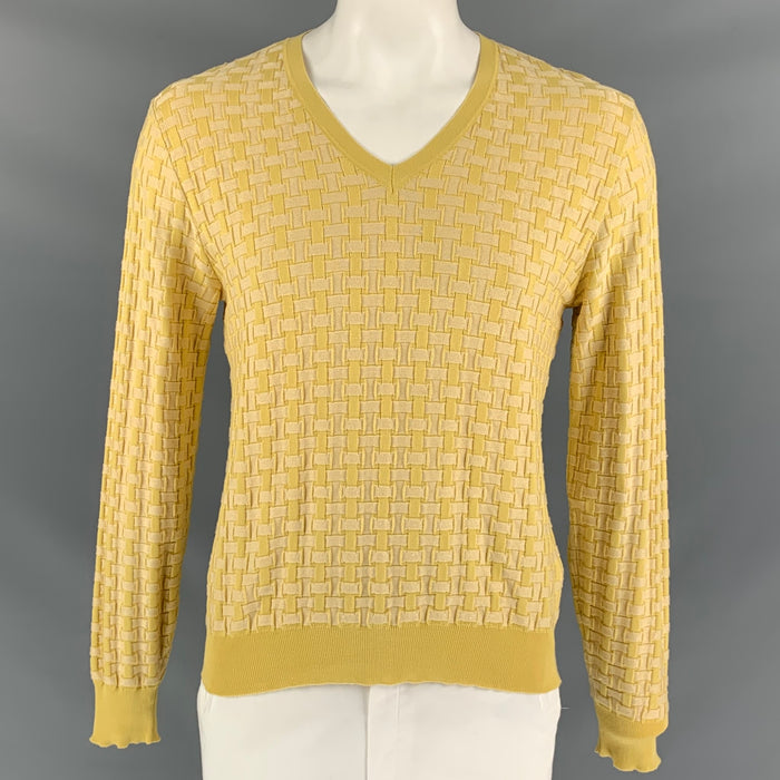 BURBERRY PRORSUM Spring Summer 2016 Size L Yellow Knitted Silk / Cotton V-Neck Pullover