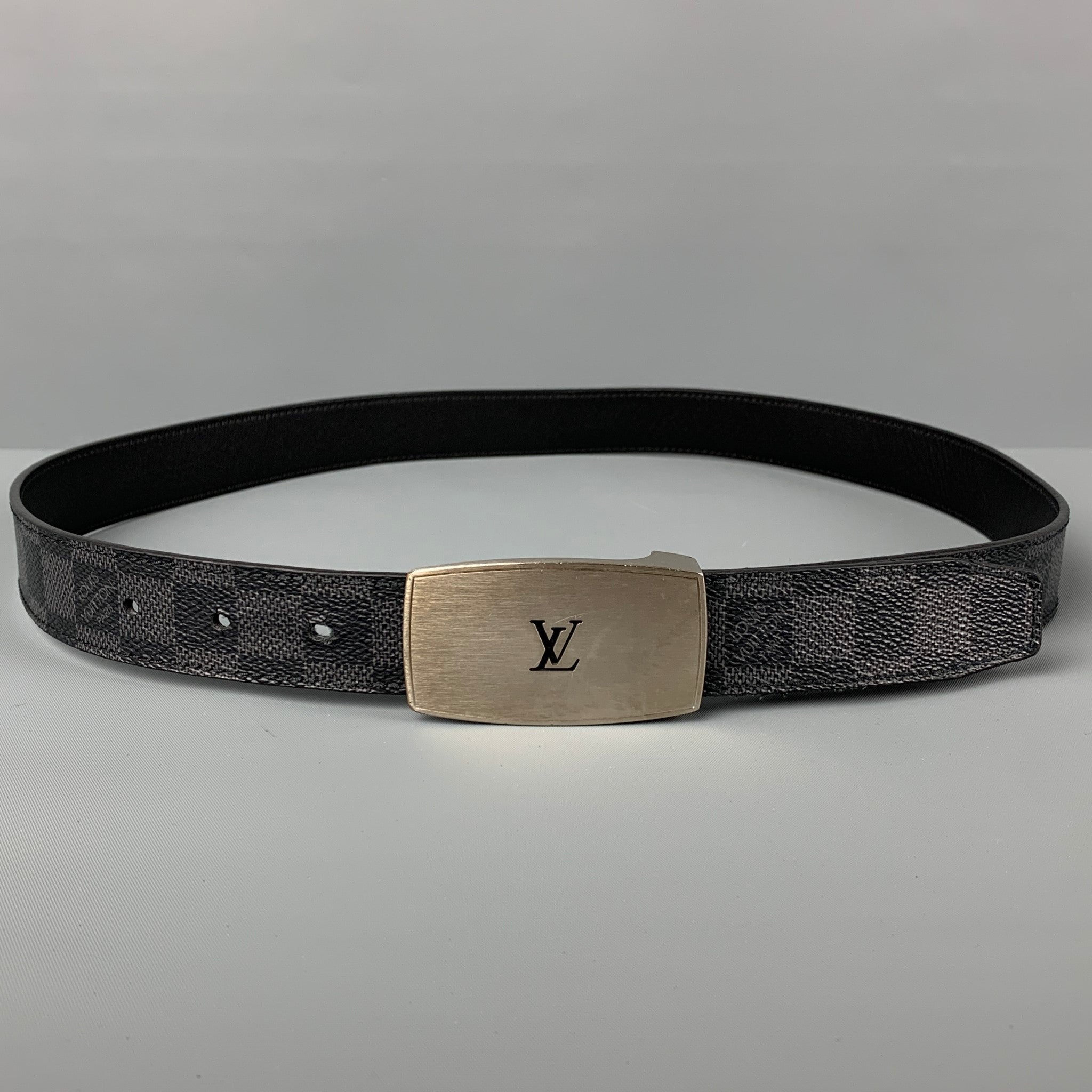 LOUIS VUITTON Size 36 Black Grey Damier Leather Belt For Sale at 1stDibs