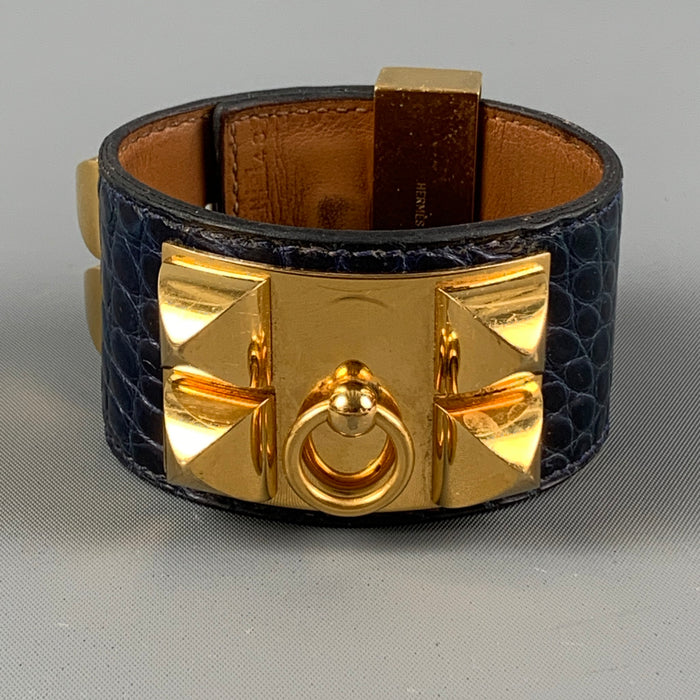 HERMES Blue Gold Pleated Alligator Collier de Chien Bracelet