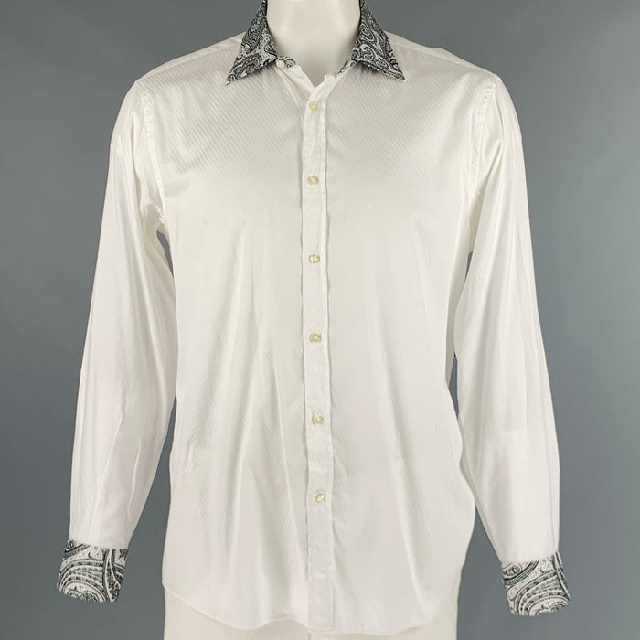 ETRO Size L White Black Diagonal Stripe Cotton Button Up Long Sleeve Shirt
