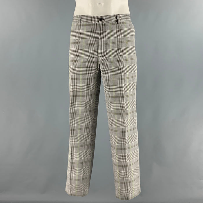 ETRO Size 36 White Black & Green Plaid Wool Cotton Zip Fly Dress Pants