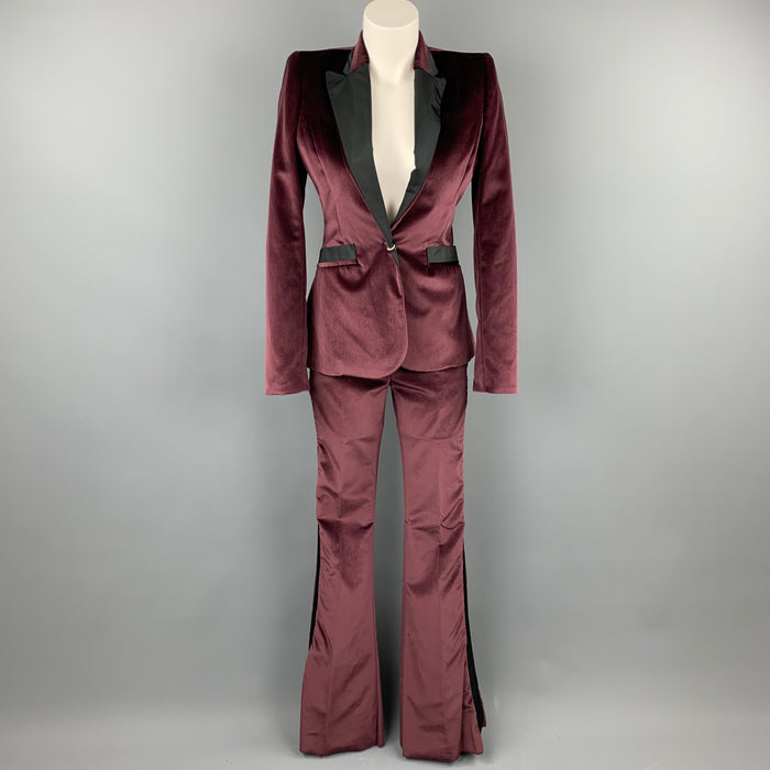 JUST CAVALLI Size 4 Burgundy & Black Velvet Pants Tuxedo Suit