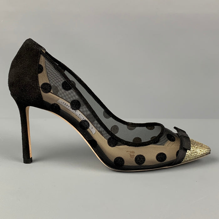 JIMMY CHOO Size 6.5 Black Gold Mesh Polka Dot Pumps