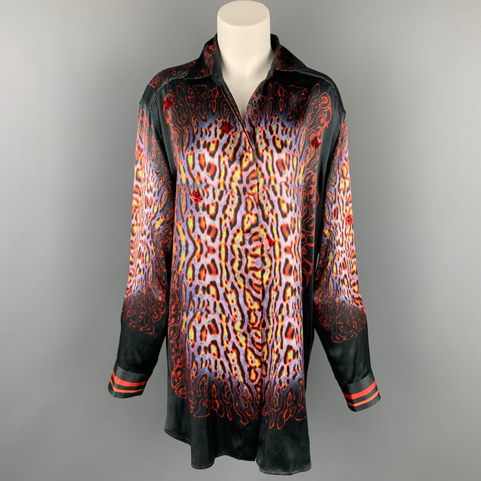 JUST CAVALLI Size XL Black & Red Print Silk Hidden Buttons Shirt