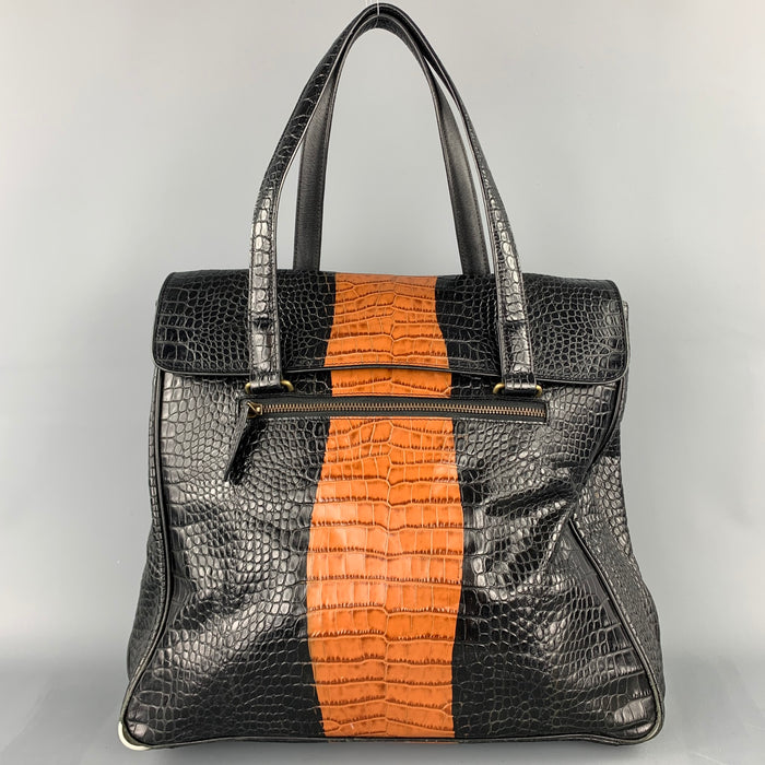 DRIES VAN NOTEN Black & Tan Alligator Embossed Leather Handbag