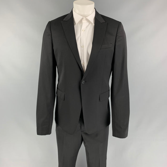 EMPORIO ARMANI Talla 40 Traje Negro Lana Virgen / Poliamida Solapa de Pico