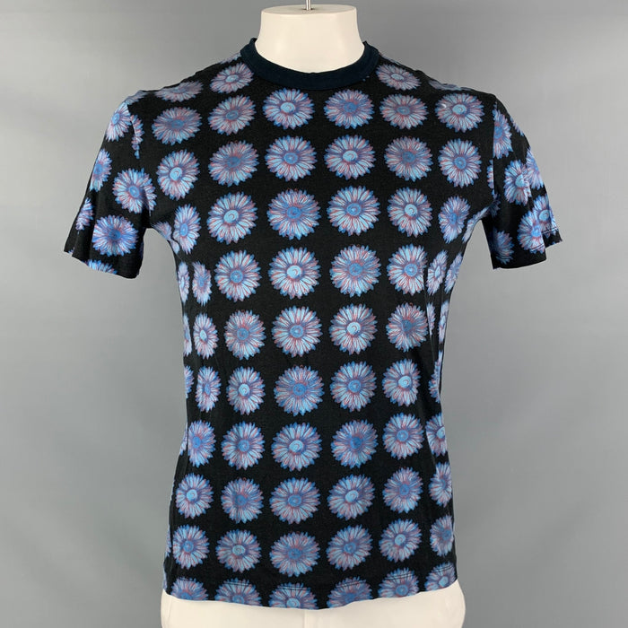 VERSACE JEANS COUTURE Size L Black Blue Floral Cotton Short Sleeve T-shirt