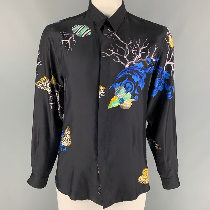 VERSACE COLLECTION Size L Black Print Silk Hidden Placket Long Sleeve Shirt