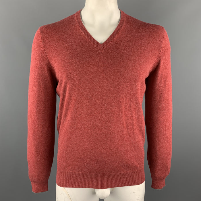 BRUNELLO CUCINELLI Size M Brick Knitted Cashmere V-Neck Pullover Sweater