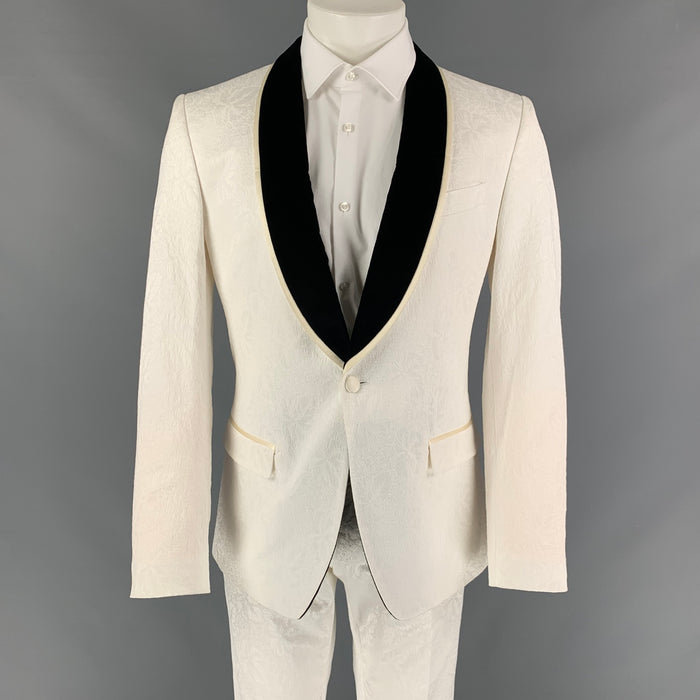 DOLCE & GABBANA Talla 40 Regular Blanco Jacquard Algodón Poliéster Negro Traje con cuello chal