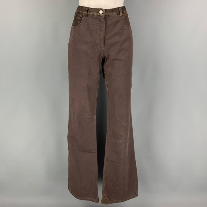 CHANEL Size 10 Brown Cotton Leather Trim Straight Casual Pants