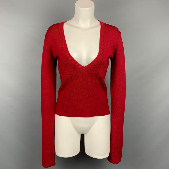 DSQUARED2 Size M Red Ribbed Wool Deep V-neck Pullover