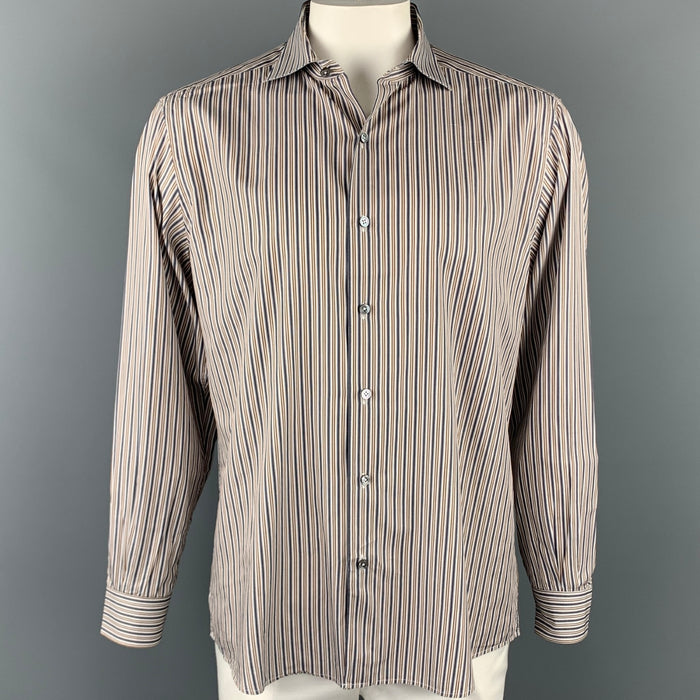 ERMENEGILDO ZEGNA Size XL Rust & Grey Stripe Cotton Button Up Long Sleeve Shirt
