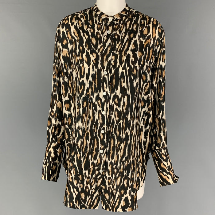 CALVIN KLEIN 205W39NYC Size S Black Brown Silk Leopard Nehru Collar Shirt