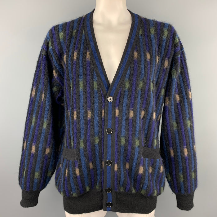 Vintage MISSONI Size XL Black & Blue Stripe Mohair Blend V-Neck Cardigan