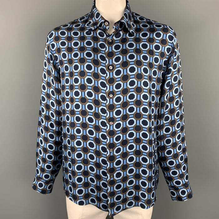 MICHAEL KORS Size XL Blue & Brown Print Silk Button Up Long Sleeve Shirt