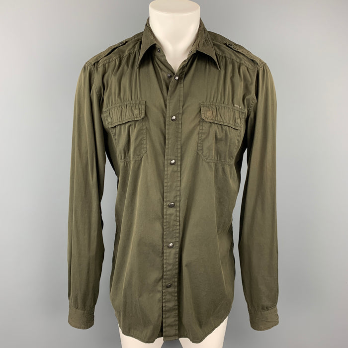 PRADA Size L Olive Cotton Blend Snaps Long Sleeve Shirt