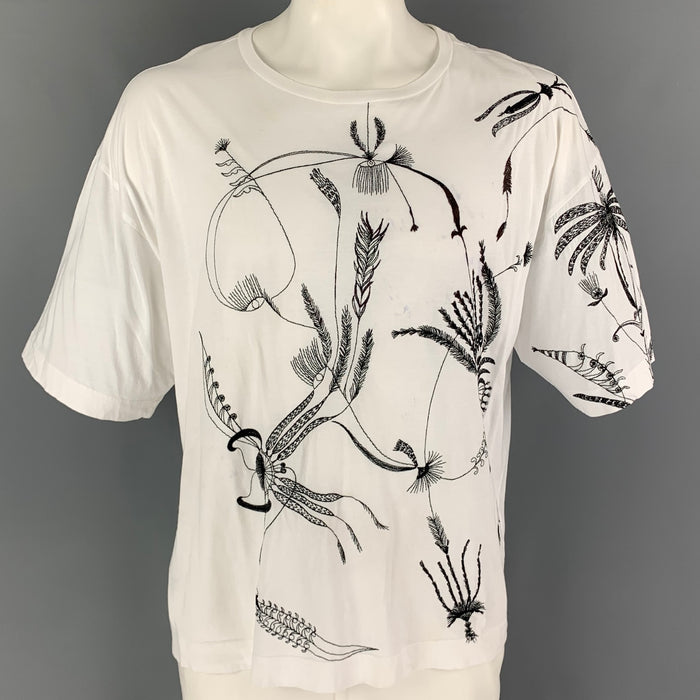 DRIES VAN NOTEN Size M White Black Embroidery Cotton Short Sleeve T-shirt