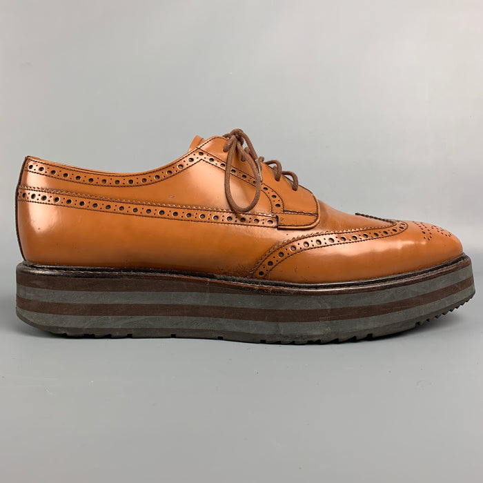 PRADA Size 9 Tan Perforated Leather Platform Lace Up Shoes