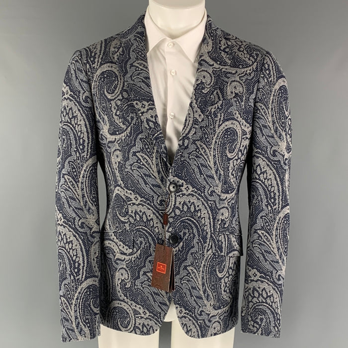 ETRO Size 38 Navy Jacquard Cotton Blend Notch Lapel Sport Coat