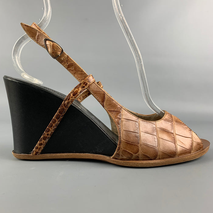 DRIES VAN NOTEN Size 8 Tan & Black Embossed Wedge Peep Toe Sandals