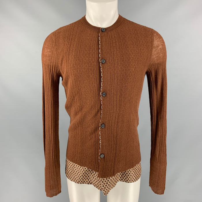 LANVIN Size M Brown Ribbed Knit Wool & Silk Collarless Cardigan