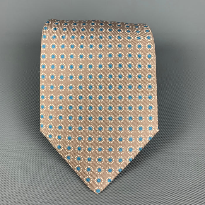 HERMES 5357 OA Taupe Blue Dots Silk Tie