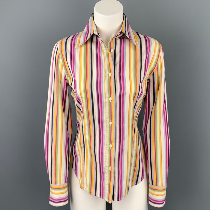 ETRO Size 8 Multi-Color Poplin Stripe Cotton Button Up Blouse
