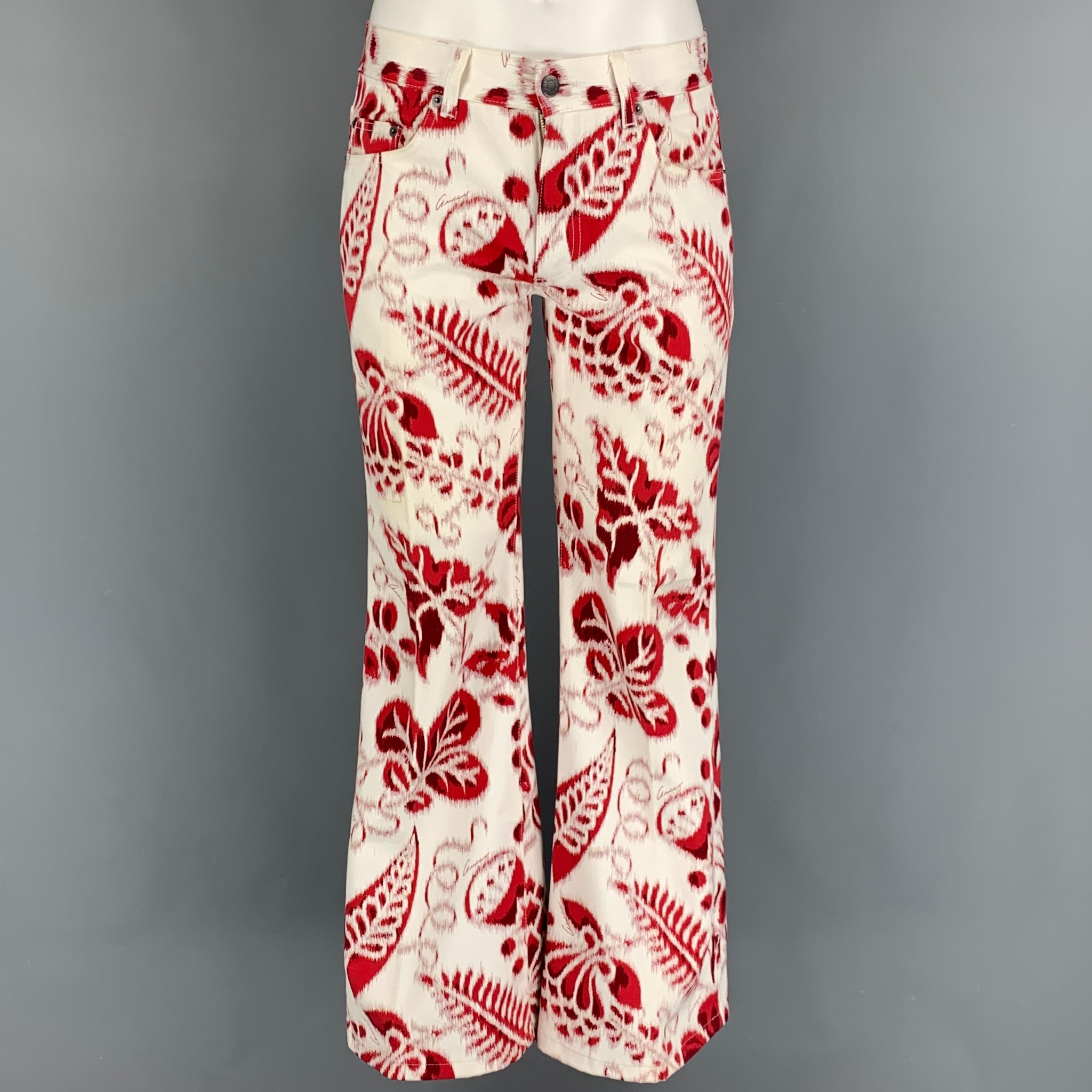 GUCCI★素敵！White Cotton W/ Red Interlocking GG Jeans Vintage GUCCI by Tom Ford Size 30 White Red Abstract Cotton