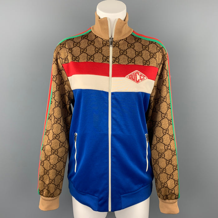 GUCCI Pre-Fall 2018 Size S Blue & Multi-Color Polyester / Cotton Zip Up GG Technical Jersey Jacket