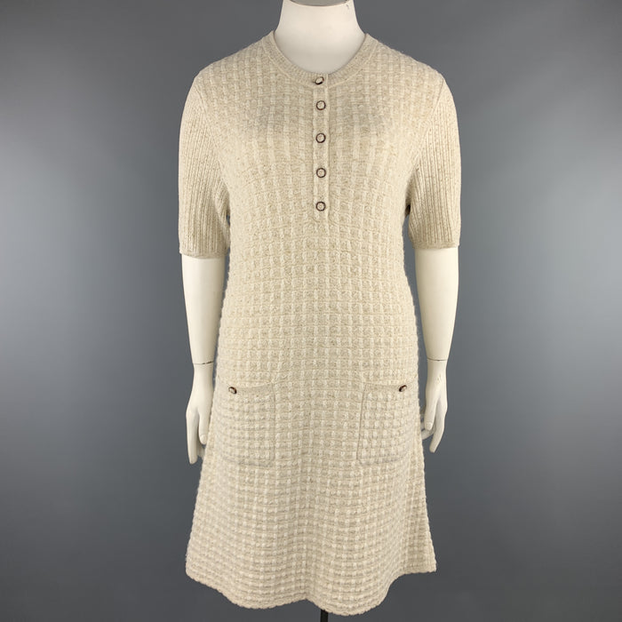 CHANEL Size 10 Cream & Gold Metallic Sparkle Knit Short Sleeve Dress