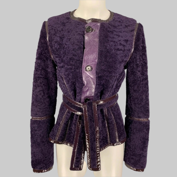 YVES SAINT LAURENT Size 6 Purple Shearling Patent Leather Reversible Belted Jacket