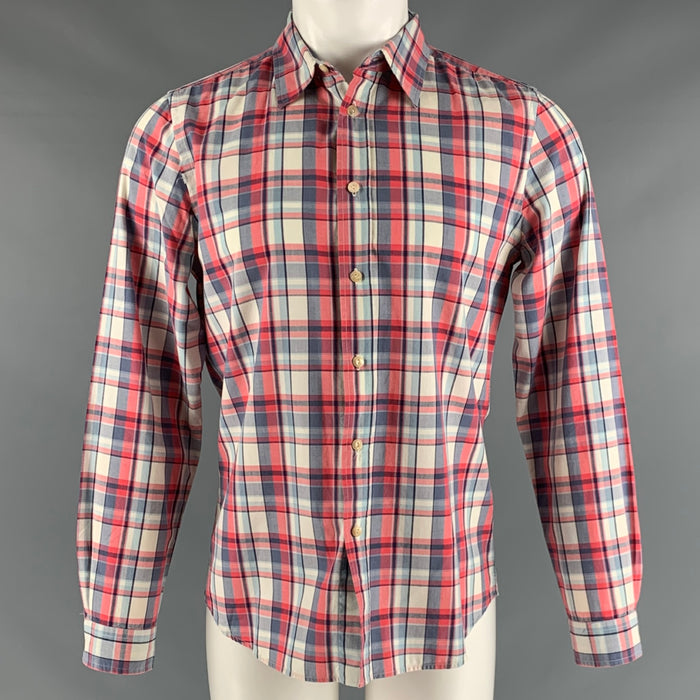 PAUL SMITH Talla M Camisa de manga larga de mezcla de algodón a cuadros blanco rojo azul