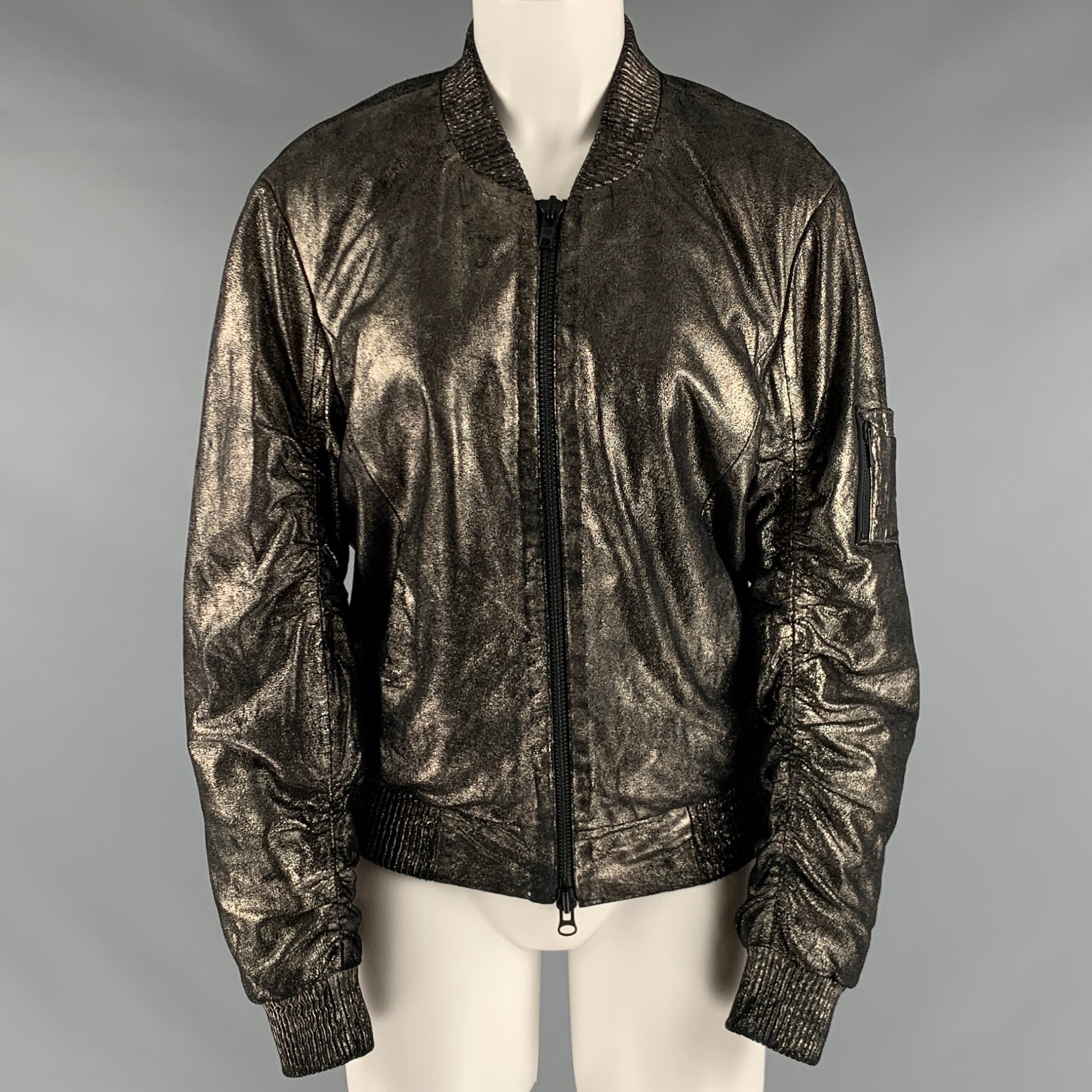 Metallic Leather Bomber Jacket Gold