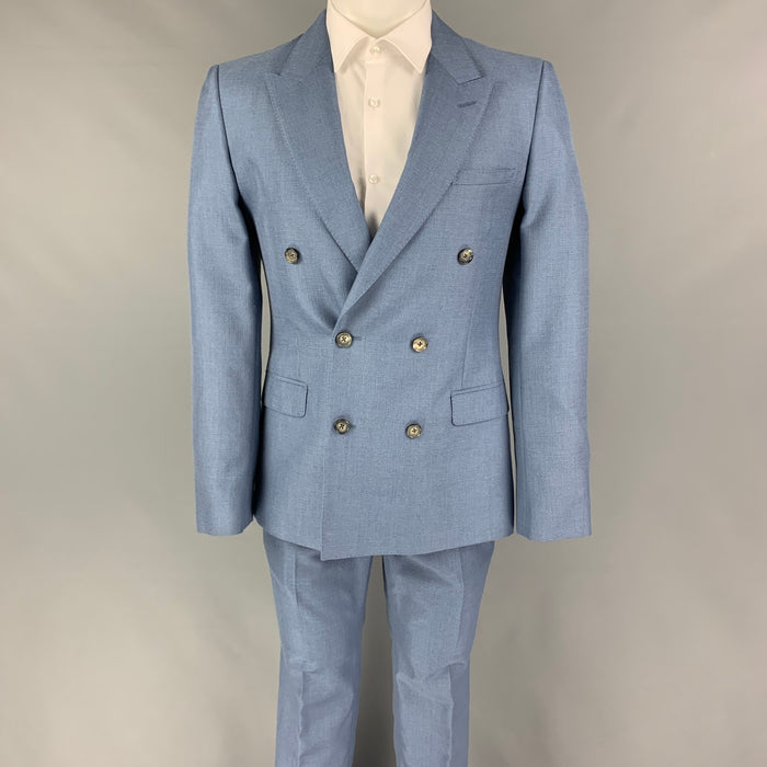 ALEXANDER MCQUEEN Size 38 Blue Mohair Silk Peak Lapel Suit